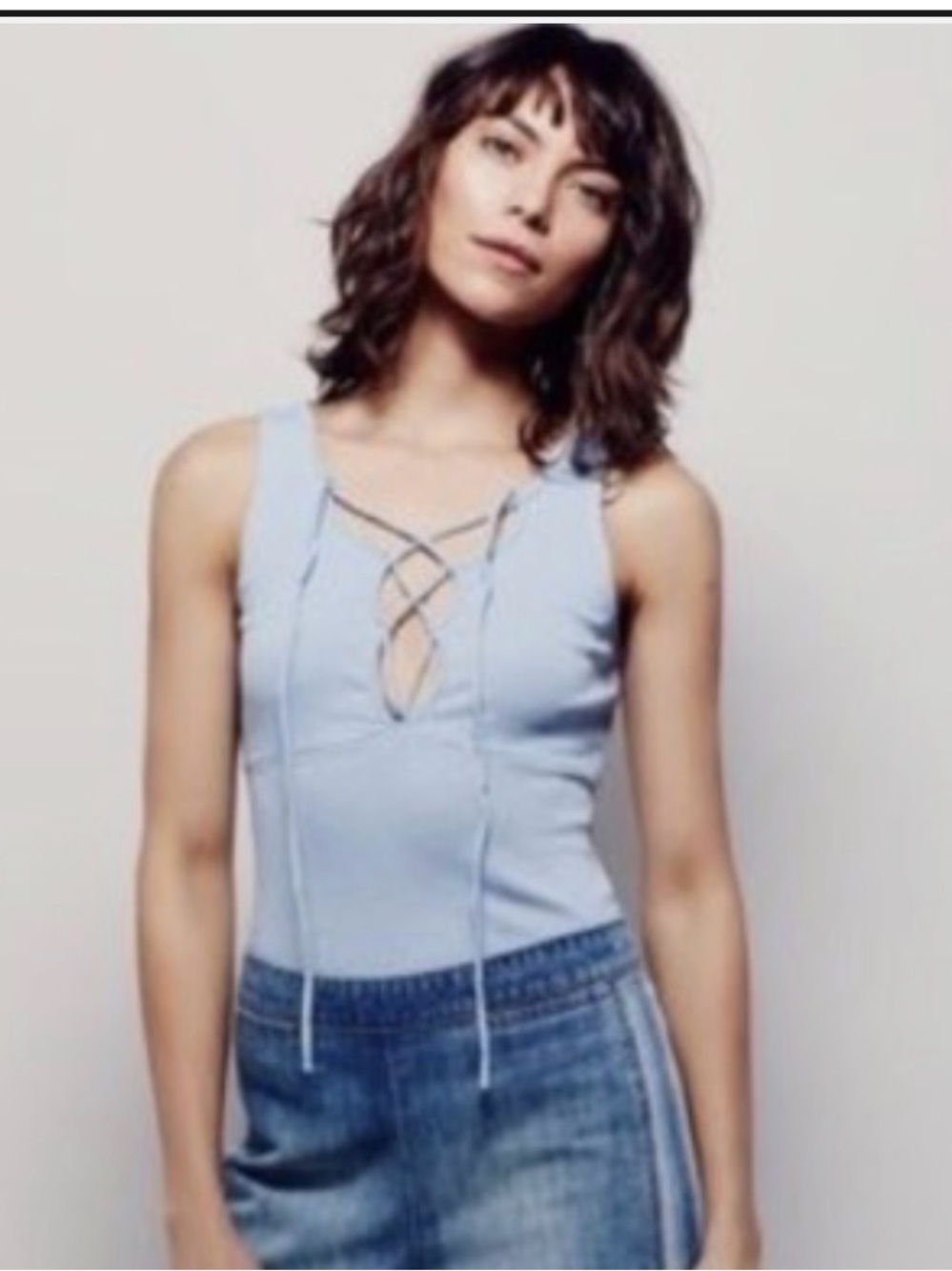 Free People Pale Blue Lace-Up Ribbed Tank